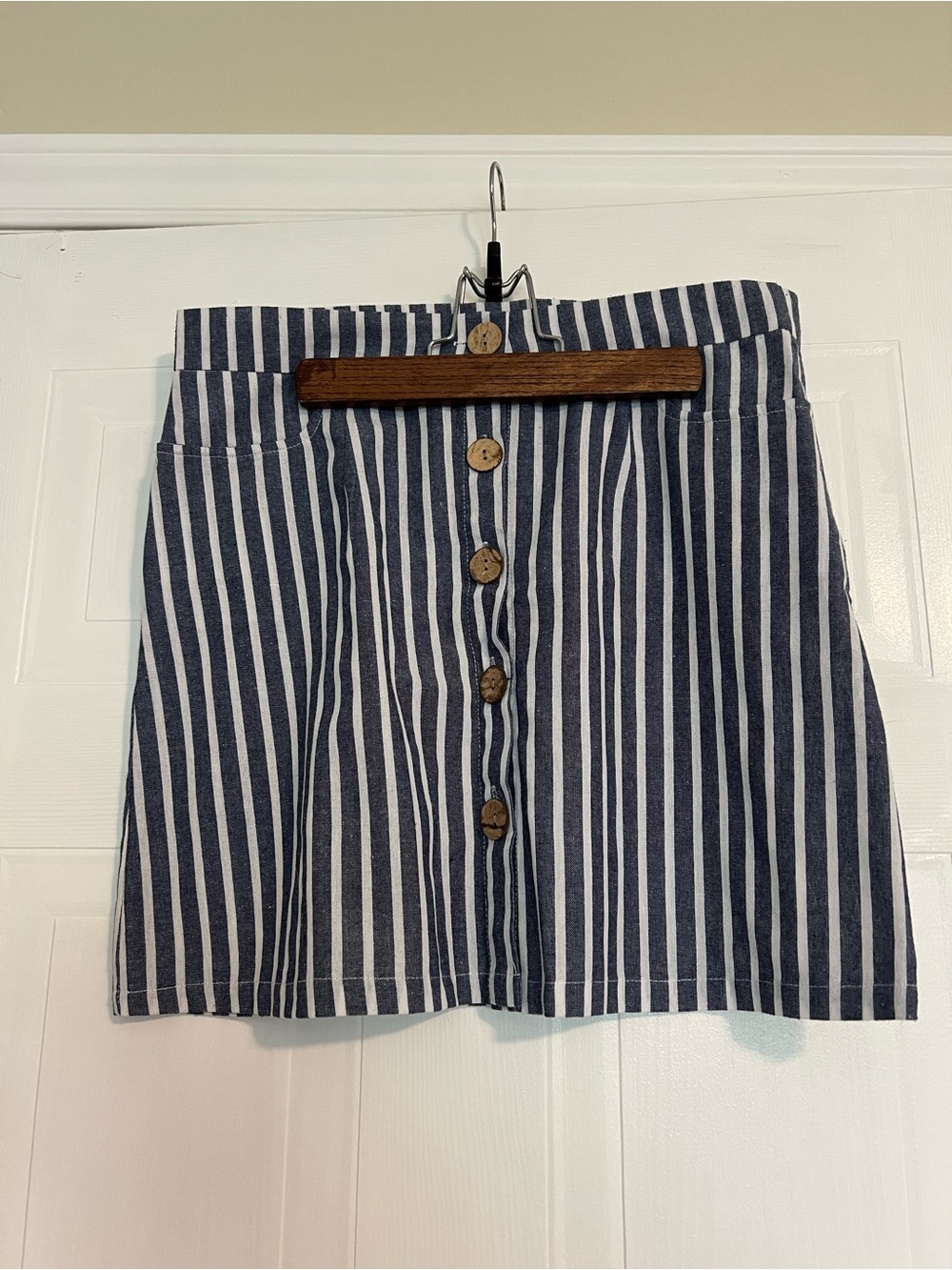 Button-Front Navy and White Stripe Skirt